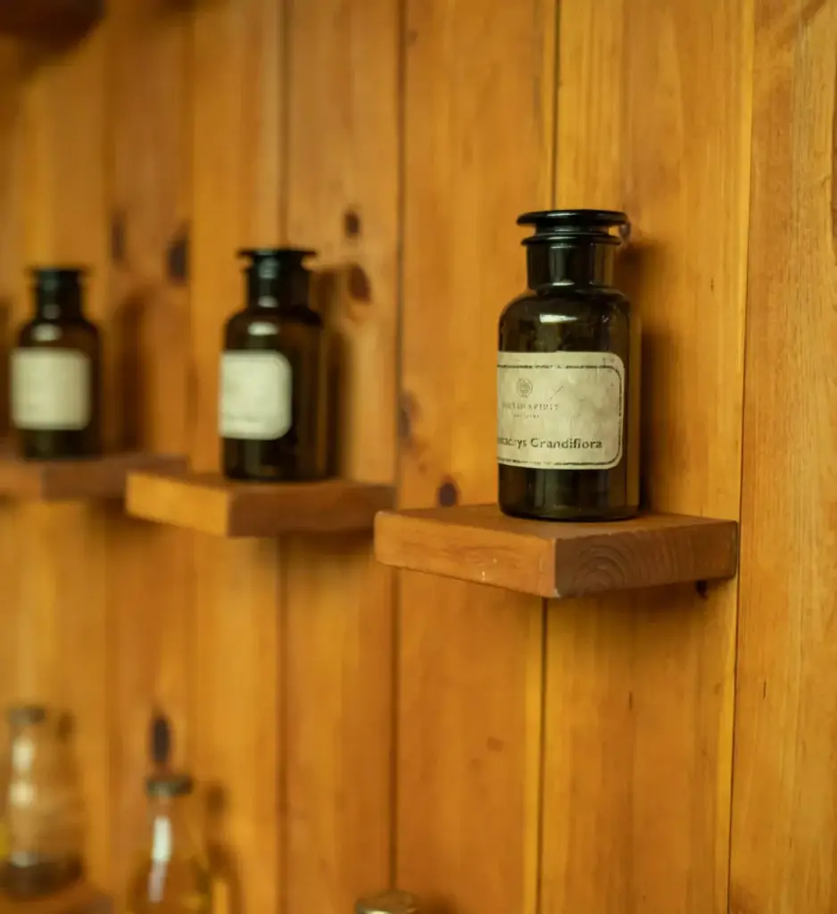 a row of glass bottles with herbs on a wooden shelf