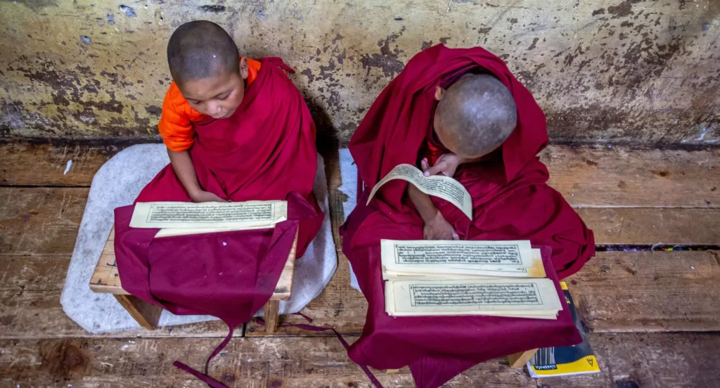 two young monks sitting on wooden chairs reading books
