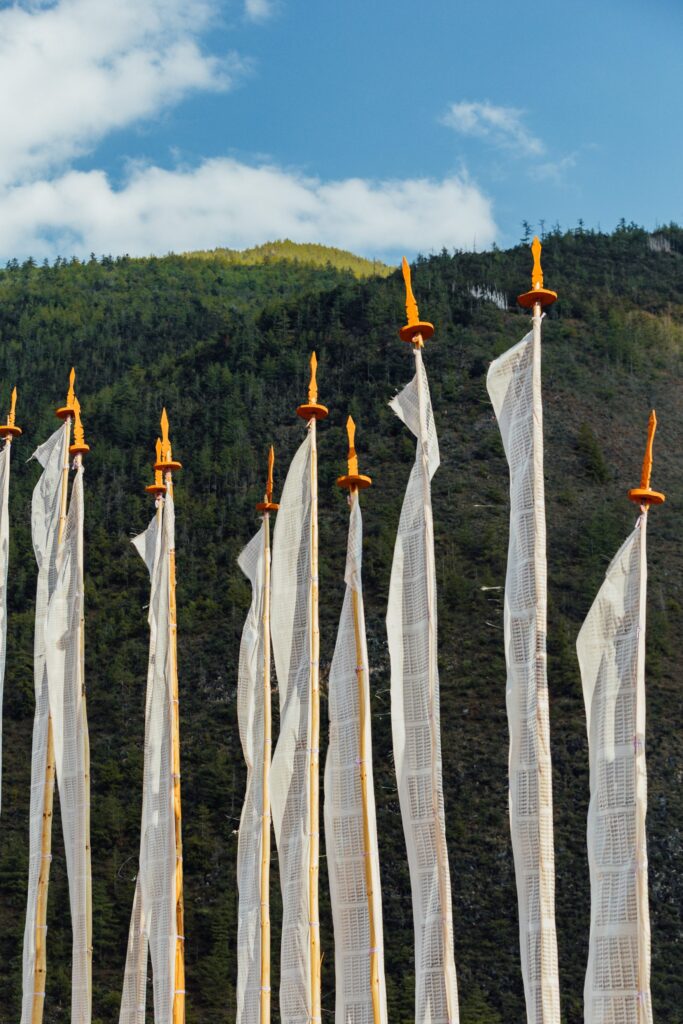 a group of white flags with orange tops